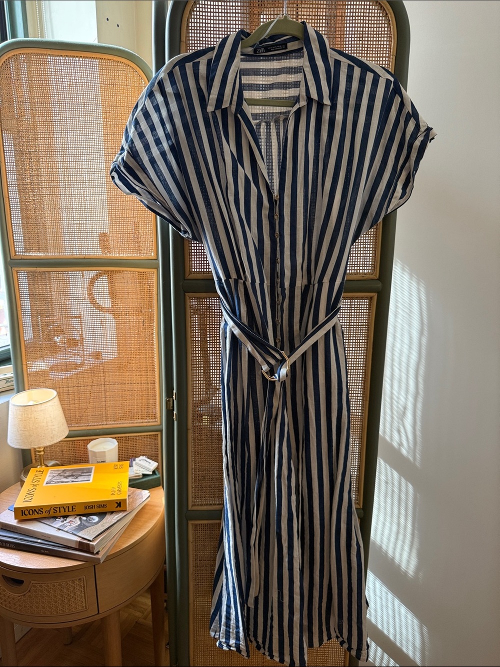 Zara Striped Linen Blend Shirt Dress Blue White Belted Maxi XL 8092/469 - Picture 5 of 8